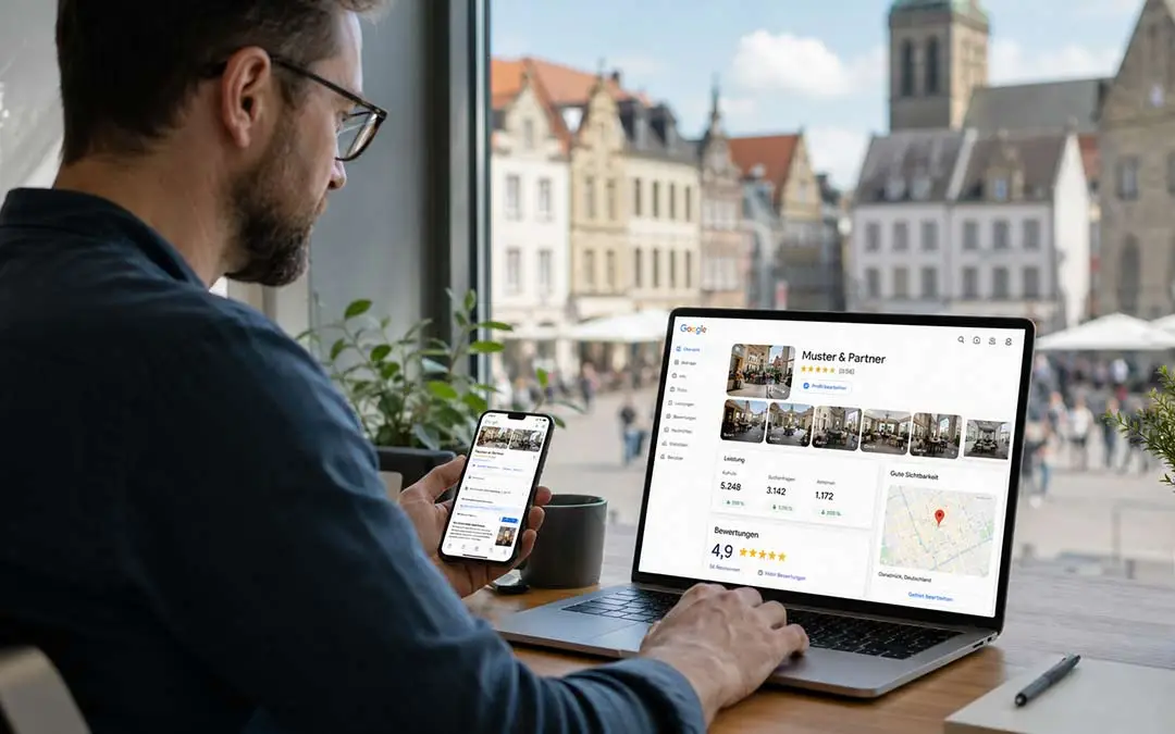 Mann in Osnabrück arbeitet an seinem Google-Unternehmensprofil — Laptop und Smartphone mit Profil-Ansicht, im Hintergrund die Altstadt