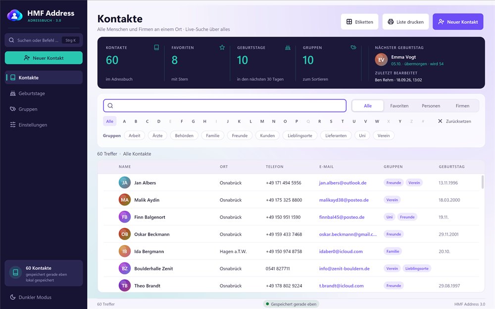 HMF Address 3.0: Kontaktliste mit Suche, Filtern und Gruppen