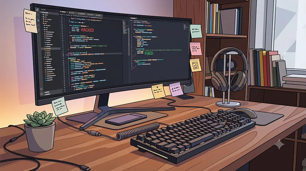 Schreibtisch mit ultrabreitem Monitor voller Code — Arbeitsplatz während einer WordPress-Sicherheitsanalyse