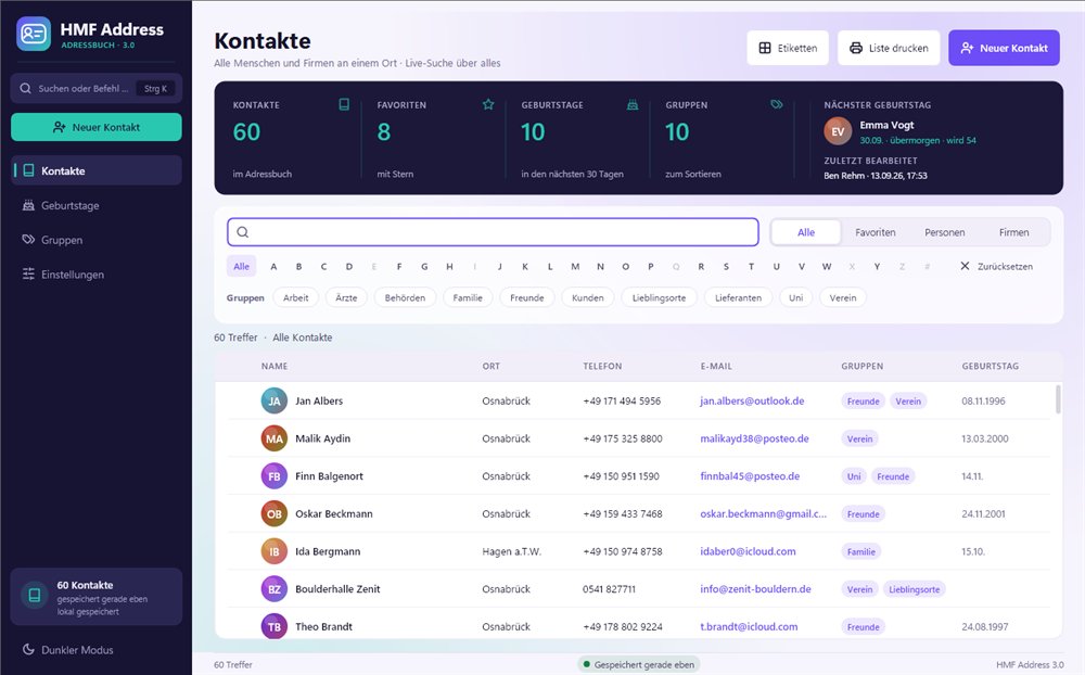 HMF Address: Kontaktliste mit Suche, Filtern, Gruppen und Kontaktdetails