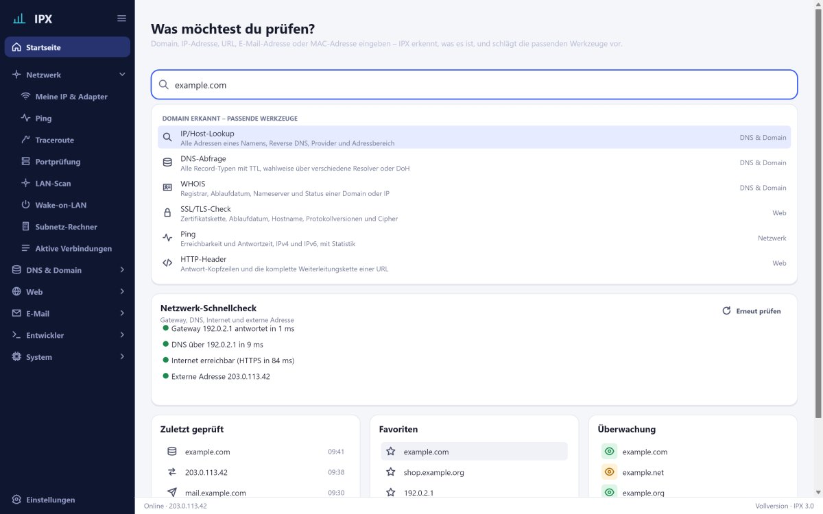 IPX: Startseite mit zentralem Eingabefeld, Vorschlägen und Schnellcheck